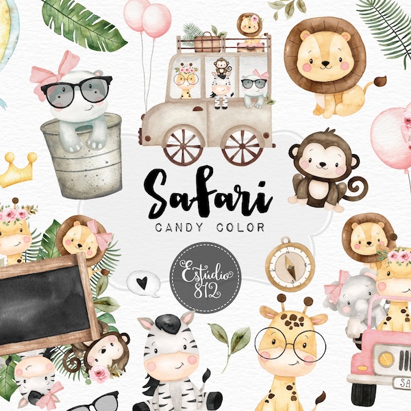 Safari Candy Color  Watercolor Clipart elephant hipo lion tiger giraffe Clip Art Digital Download