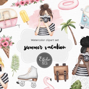 Imágenes Prediseñadas de vacaciones de verano, planificador chica acuarela Digital Clipart
