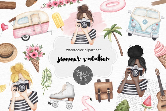 Summer Vacation Clipart, Planner Girl  Watercolor Digital Clipart