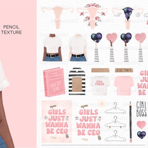 May include: A set of 34 digital illustrations featuring a variety of feminist and girl power themed graphics. The illustrations include a pencil, a book that says "You Go Girl", a t-shirt that says "Girl Power", a t-shirt that says "Girls Just Wanna Be CEO", a key, a pair of underwear, a pair of hangers, a heart, a uterus, and a book that says "Self Love First".