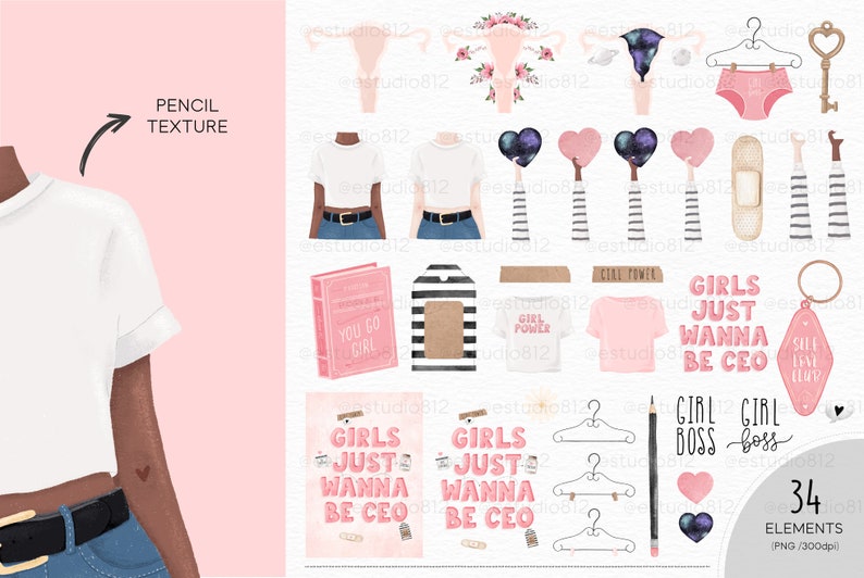 May include: A set of 34 digital illustrations featuring a variety of feminist and girl power themed graphics. The illustrations include a pencil, a book that says "You Go Girl", a t-shirt that says "Girl Power", a t-shirt that says "Girls Just Wanna Be CEO", a key, a pair of underwear, a pair of hangers, a heart, a uterus, and a book that says "Self Love First".