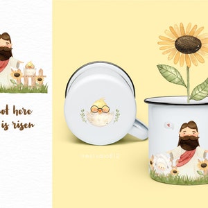 May include: White enamel mugs with black rims, featuring watercolor illustrations. One mug displays a sunflower, another a chick with glasses, and the third depicts a figure with a beard, sheep, and sunflowers. Text reads "He is not here for He is risen."