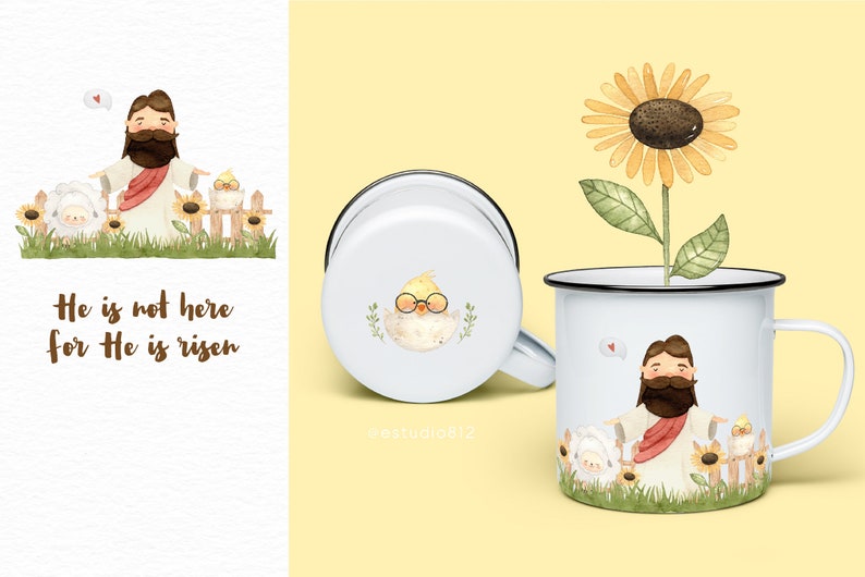May include: White enamel mugs with black rims, featuring watercolor illustrations. One mug displays a sunflower, another a chick with glasses, and the third depicts a figure with a beard, sheep, and sunflowers. Text reads "He is not here for He is risen."