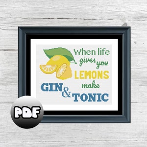 Könnte beinhalten: Kreuzstichmuster mit Zitronen und dem Text "Wenn das Leben dir Zitronen gibt, mach Gin Tonic".