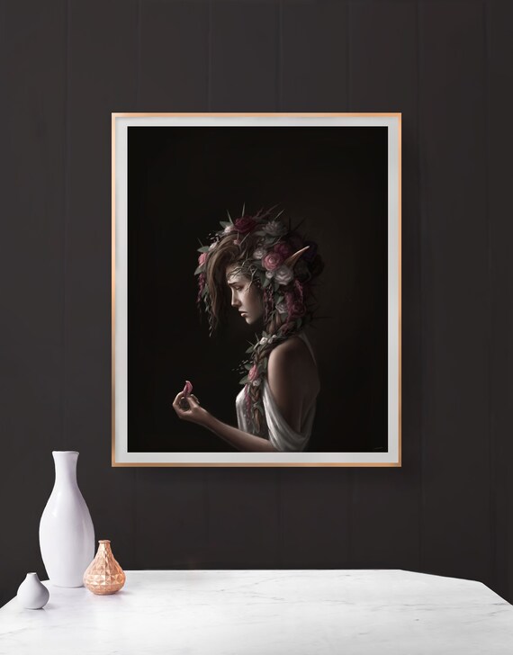 Fantasy Art Print, Flower Painting, Elf Painting, Wall Decor, Living Room or Office Painting