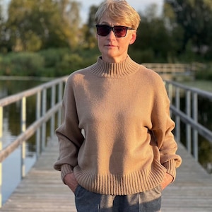 High quality hand knitted cashmere wool warm pullover sweater, Women natural merino wool knit puffy sleeve turtleneck brown jumper NEW YORK