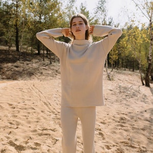 Natural soft merino wool women co-ord set loungwear home cosy woolen knit beige colour trendy suit, Hand knitted organic wool pastel set