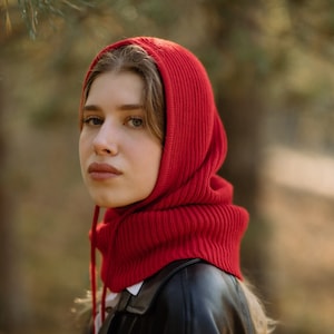 Chunky knit pure merino wool women hooded balaclava hat, Woolen warm stylish dark blue neck warmer, Merino knitted hood cowl with strings