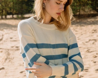 100% skin soft merino wool striped women sweater, Knitted scandinavian style oversized pullover sweater top, Warm woman winter sweater TURIN