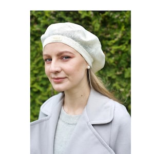 Womens linen beret, Hand knitted accessories, White summer hat, Natural linen french beret, Knit vintage cap in white, Wedding beret