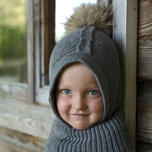 Merino Wool Baby Toddler Balaclava with Fur Pompom, Hand Knitted Head and Neck Warmer, Knitted baby clothes