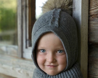 Cagoule pour bébé en laine mérinos avec pompon de fourrure, chauffe-tête et cou tricotés à la main, vêtements de bébé tricotés