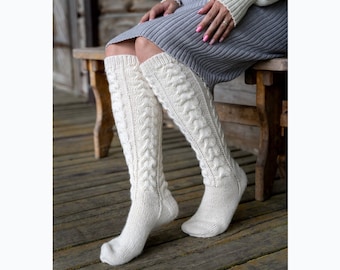 Chaussettes en tricot d'alpaga, cadeau de Noël pour femme, chaussettes hautes en laine naturelle pour femme, idée cadeau pour maman, chaussettes hautes en laine tressées vintage