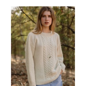 Solid hand knit merino alpaca mohair woolen braided pullover sweater for women, Vintage white elegant woolen warm jumper with braids PALERMO