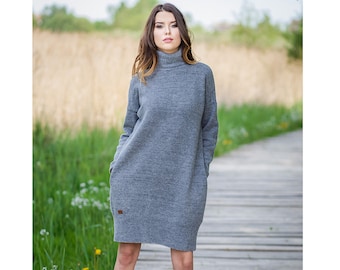 Vestido túnica de lana merino para primavera, cálido vestido de cuello alto, túnica de lana natural tejida a mano