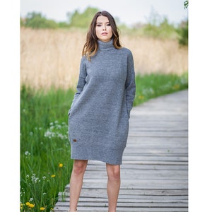 Merino Wool Tunica Dress for Springtime, Warm Turtleneck Dress, Hand Knitted Natural Wool Tunica