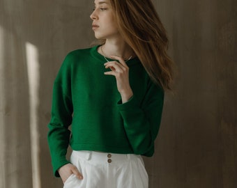 Cropped merino wool sweater, Women knit soft light woolen crop top jumper in green, Cropped wool pullover sweater, Cosy simple woolen top