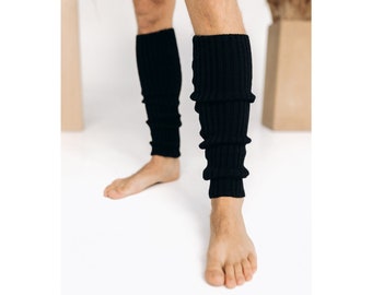 Black soft woolen knit leg warmers, Men's legwarmers, Knee high men pilates socks, Meditation socks, Cosy woolen men's socks, Dad gift idea