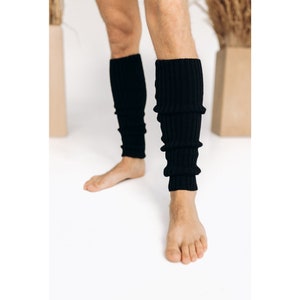 Black soft woolen knit leg warmers, Men&#39;s legwarmers, Knee high men pilates socks, Meditation socks, Cosy woolen men&#39;s socks, Dad gift idea