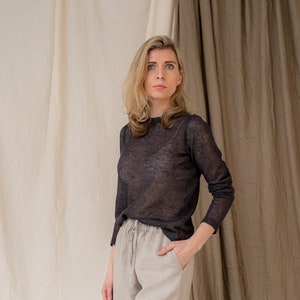 Dark gray crochet womens blouse, Elegant woman sheer pullover, Long sleeve linen sweater, Knitted linen shirt, Hand knit eco linen sweater