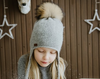 Warm Alpaca Wool Hat with Laces Pompoms Inner Lining, Gray Spring Hat for Kids
