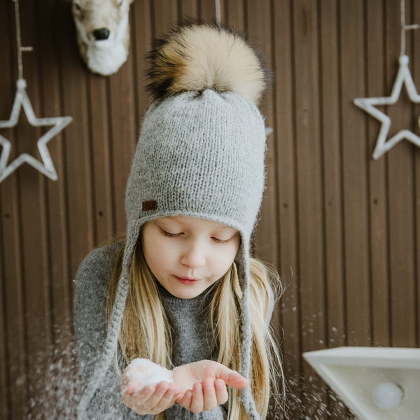 Warm Alpaca Wool Hat with Laces Pompoms Inner Lining, Gray Spring Hat for Kids