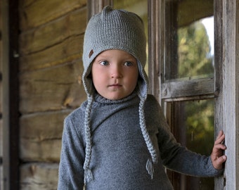 Hand Knitted Soft Merino Wool Kids Hat, Gray Unisex Children Cap, Minimalist Woolen Toddler Hat