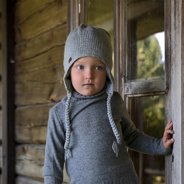 Hand Knitted Soft Merino Wool Kids Hat, Gray Unisex Children Cap, Minimalist Woolen Toddler Hat