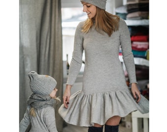 Merino wool knit pleated dress for women Low waist A line knitted wool dress Long sleeve warm winter womens dress