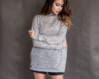 Loose knit sweater Mohair oversized pullover Gray mohair long sweater for women