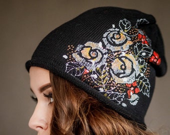 Hand painted hat with cotton lining Wool knit hat Jersey knit hat Merino wool beanie hat Wearable art Black slouchy hat Womens hat