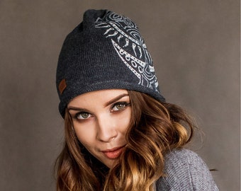 Merino wool beanie hat Wearable art Gray slouchy hat for women Knit hat Jersey womens hat