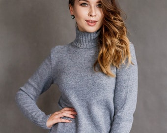 Warm Gray Turtleneck Sweater for Woman, Springtime Merino Wool Top, Hand Knitted Woolen Pullover