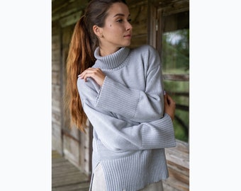 Oversized merino turtleneck jumper, Hand knitted woolen sweater, Wide sleeves sweater in grey, Women's winter knitwear