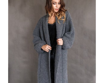 Hand Knitted Maxi Merino Wool Coat, Womens Natural Wool Coat, Alpaca Cardigan, Solid Womens Cardigan in Gray