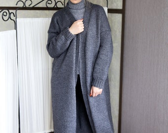 Minimalist Merino Wool Cardigan, Gray Mohair Womens Coat, Long Knitted Wool Cardigan, Luxury Organic Wool Coat