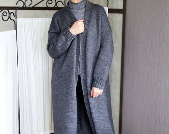 Minimalistische Merinowolle Strickjacke, Grauer Mohair Damenmantel, Lange Strickwolle Strickjacke, Luxus Bio Wollmantel