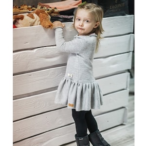 Merino wool knit dress for girl Fit and flare low waist toddler girl dress Wool knitted pleated dress