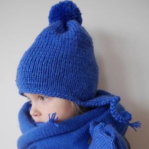 Blue knitted hat for kids Merino wool chullo hat Pom pom hat Kids winter hat Hand knit hat with lining Wool knit beanie hat
