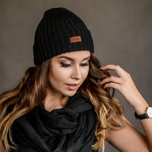 Minimalist Beanie Cap, Cosy Knitted Hat in Black, Soft Merino Wool Beanie for Women