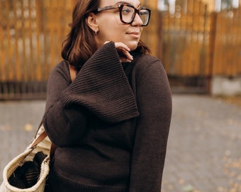 Natural soft merino wool sweater, Wide sleeve stylish knitted sweater, Brown natural wool warm women knitted jumper, Hand knit cosy sweater