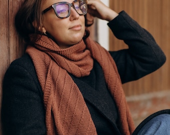 Merino wool long knitted scarf, Vintage woolen scarf, Warm autumn winter scarves, Big cosy wrap scarf, Pure merino womens long wide scarf