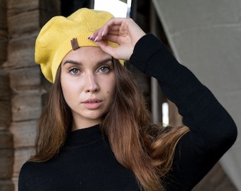 All Seasons Head Accessories, Hand Knitted Merino Wool Beret Hat, Vintage Women's Cap, Natural Fabric French Hat
