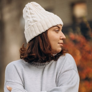 All season accessories, Cosy winter knitted merino wool beanie, Pure woolen women all season accessories, Merino wool knit woman boho hat off white