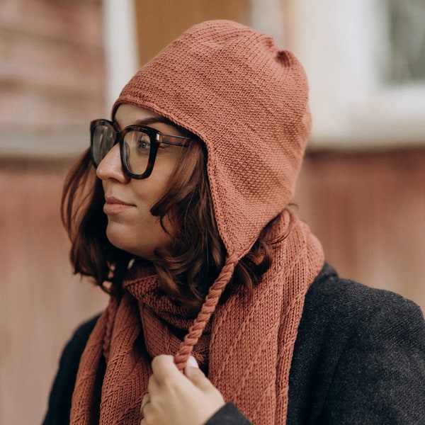 Capuchon à rabat hygge, Capuchon à oreillettes vintage tricoté, Bonnet en laine mérinos femme, Capuchon à rabats d’hiver en laine naturelle, Accessoires de tête mérinos