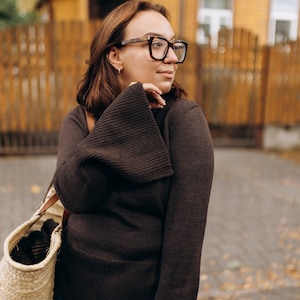 Natural soft merino wool sweater, Wide sleeve stylish knitted sweater, Brown natural wool warm women knitted jumper, Hand knit cosy sweater