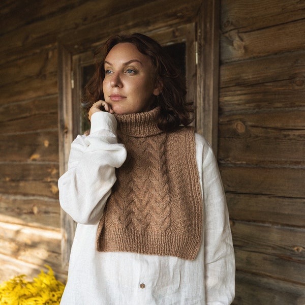 Col en laine mérinos, gilet hybride à col plastron, col tricoté pour femme, écharpe chaude en laine d'alpaga, gilet ouvert en laine mérinos sur le côté, accessoires vintage