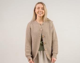 Women vintage cardigan jacket, Natural wool buttoned cardigan, Hand knit sweater, Vintage womens woolen jacket, Skin friendly alpaca sweater