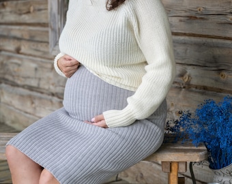 Jupe extensible pour femme enceinte, jupe taille haute en laine mérinos, vêtements de maternité d'hiver, jupe en laine douce tricotée, jupe midi en pure laine mérinos