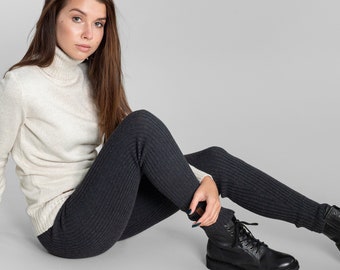 Leggings de lana merino elásticos, cómodos y gruesos, tejidos a mano, para primavera y exteriores